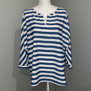 LOFT BLUE & WHITE LONG SLEEVE PULLOVER BLOUSE